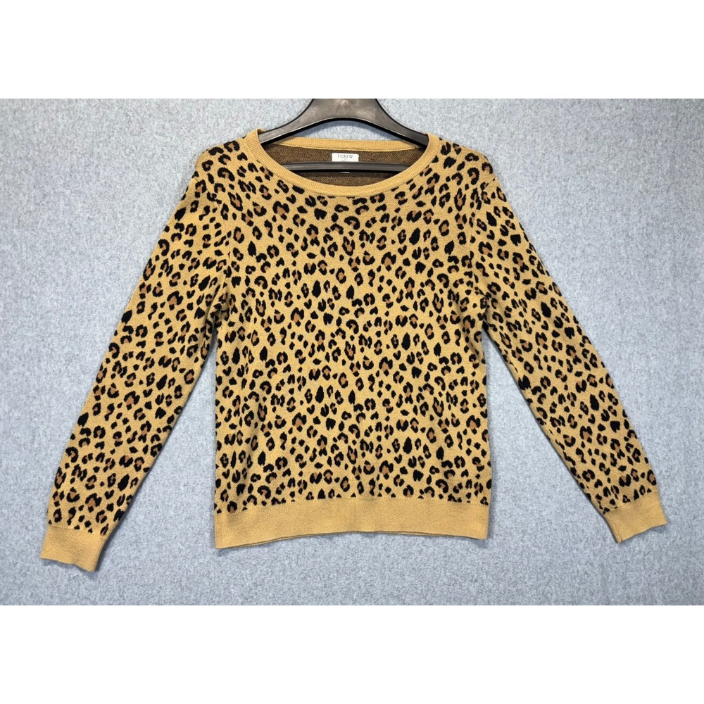 J.Crew Teddie Sweater Womens Medium Leopard Animal Print Crewneck Knit Tan Black